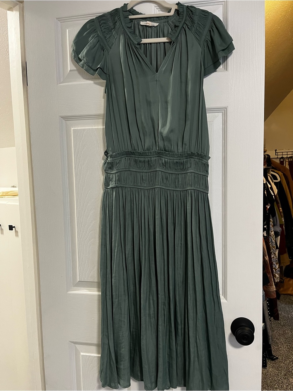 Smocked Waist Olive Green Midi Dress with Flutter Sleeves